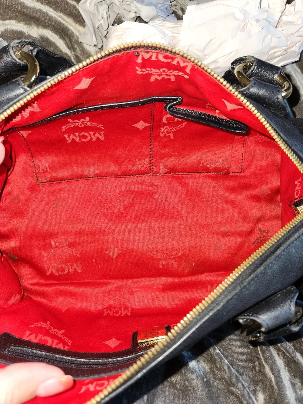 MCM Black Leather Barrel Bag with Gold Hardware